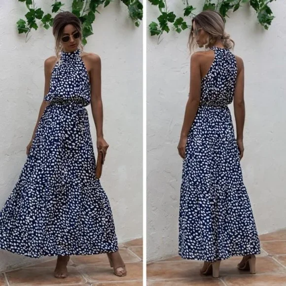 Royal Blue Polka Dot Tie Waist Maxi Dress - Picture 1 of 1